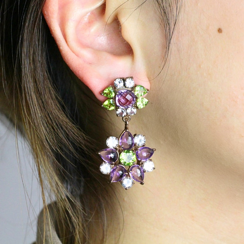 Topaz Amethyst and Peridot Flower Earrings