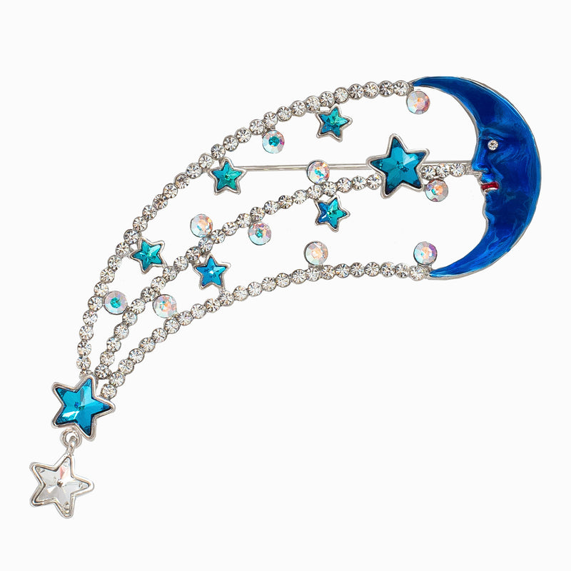 Crescent Moon and Stars Brooch