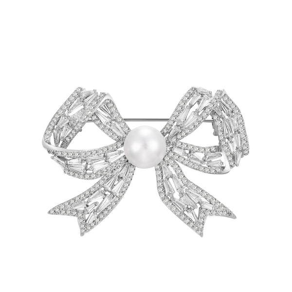 Crystal and Pearl Bow Brooch