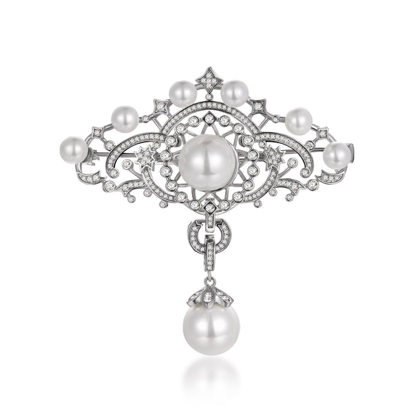 Crystal and Pearl Fan Brooch