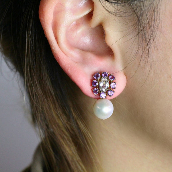 Topaz and Amethyst Flower with Pearl Earrings