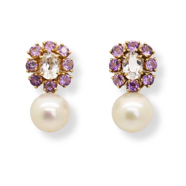 Topaz and Amethyst Flower with Pearl Earrings