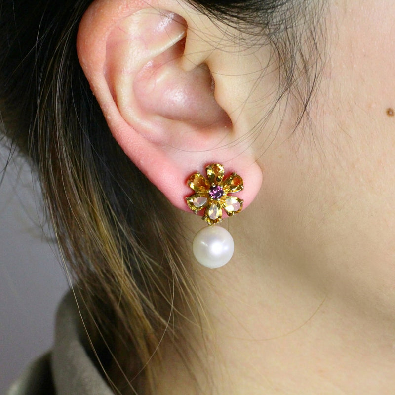 Floral Citrine and Garnet Pearl Earrings