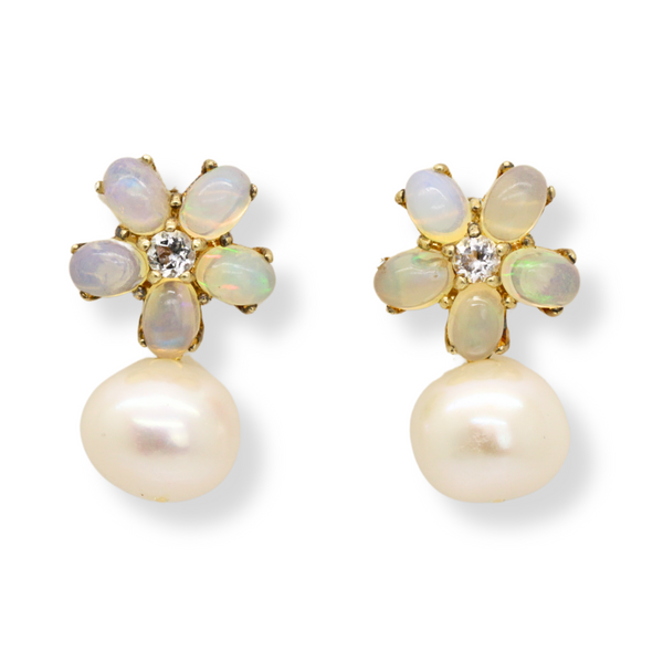 Topaz Opal Flower and Pearl Earrings