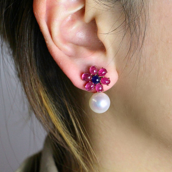 Floral Ruby Amethyst and Pearl Earrings