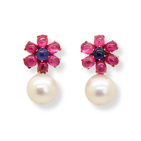 Floral Ruby Amethyst and Pearl Earrings