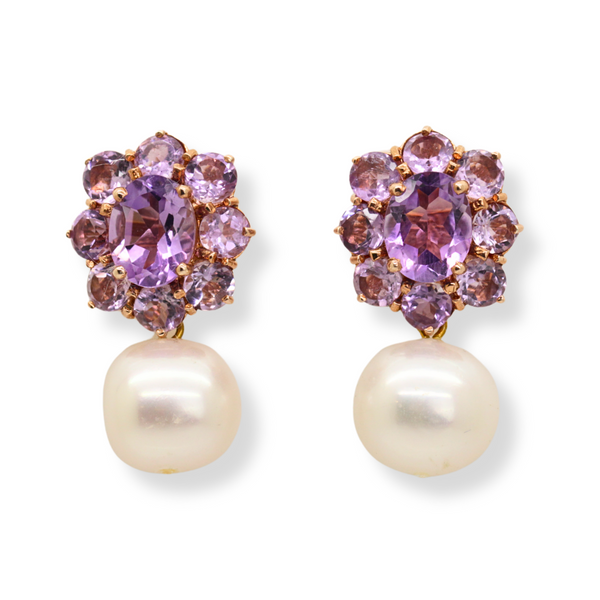 Amethyst Flower and Freshwater Pearl Earrings