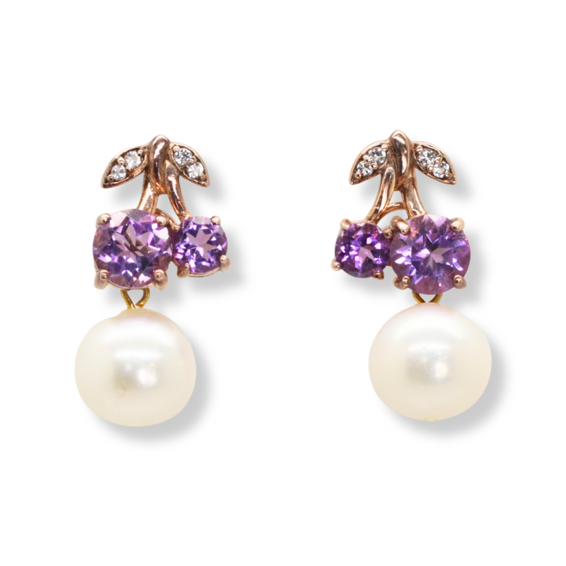 Amethyst Cherries and Pearl Earrings