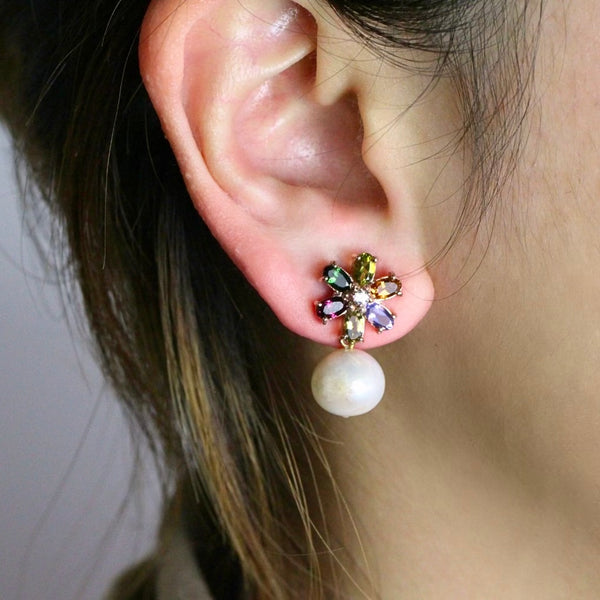 Tourmaline Flower and Pearl Earrings