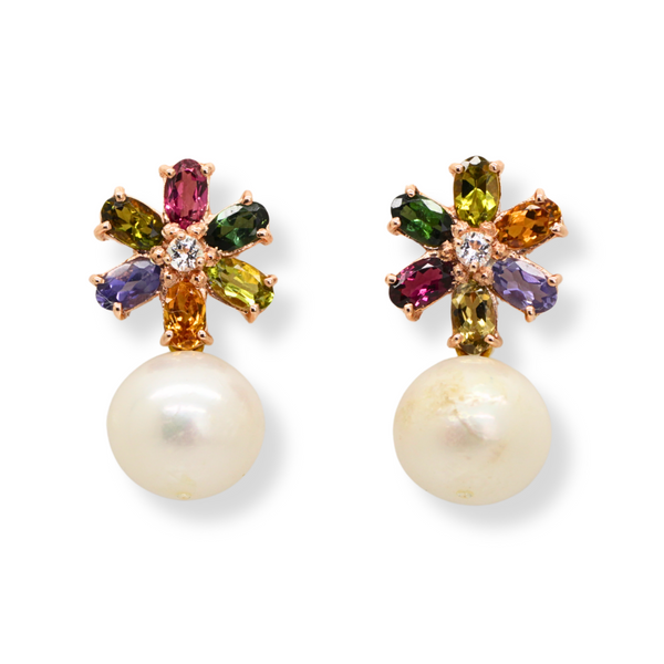 Tourmaline Flower and Pearl Earrings