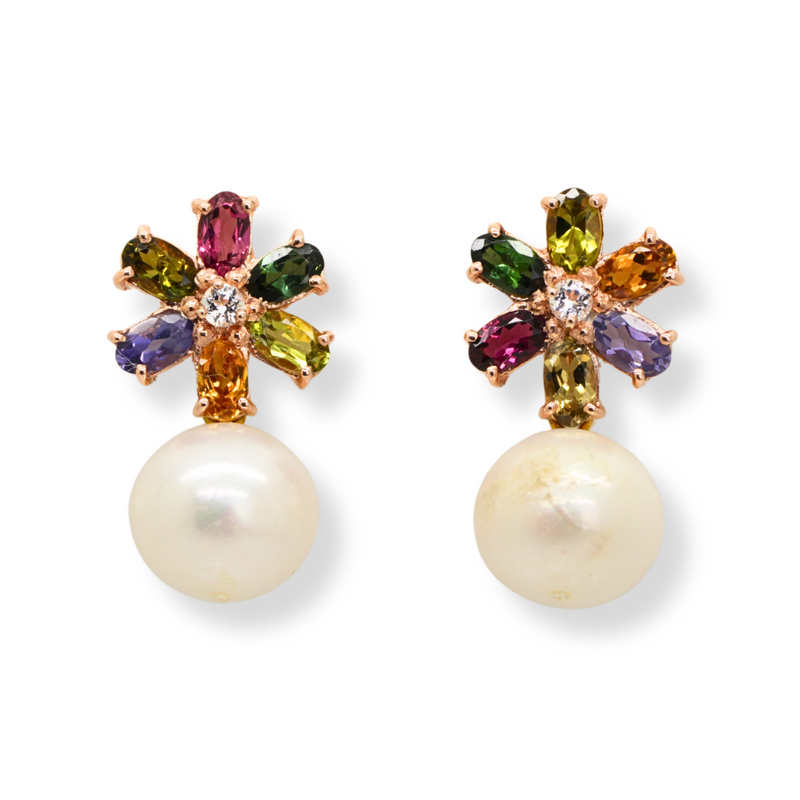 Tourmaline Flower and Pearl Earrings