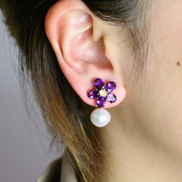 Amethyst and Opal Flower with Pearl Earrings