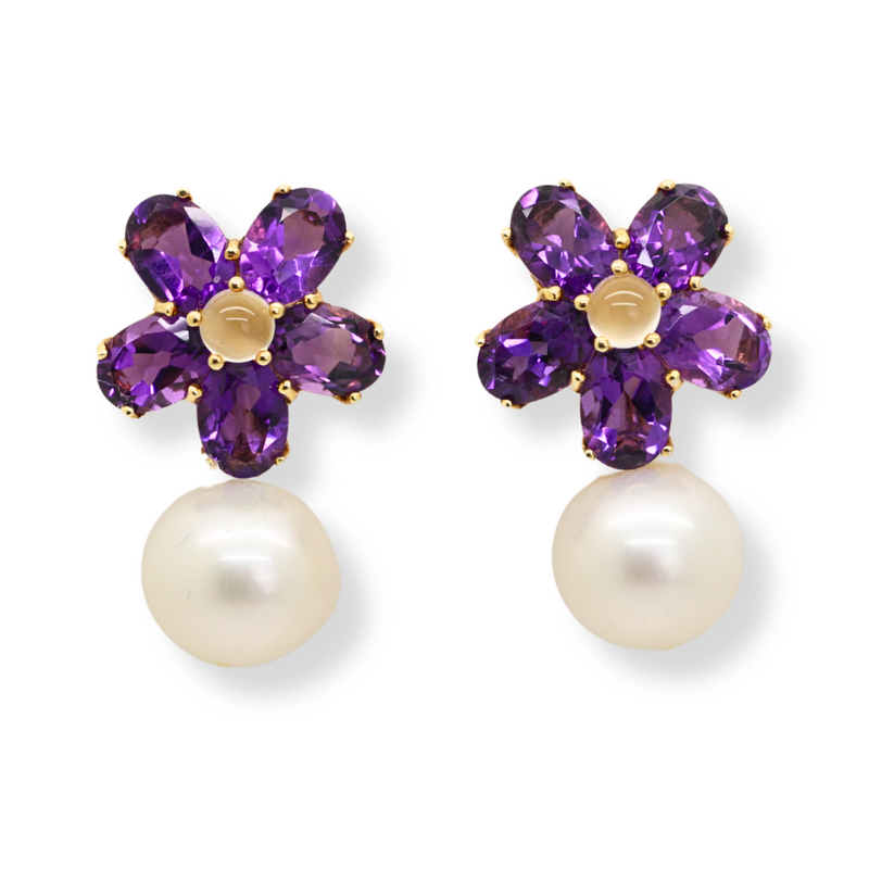 Amethyst and Opal Flower with Pearl Earrings