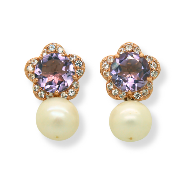 Amethyst White Topaz Flower and Pearl Earrings