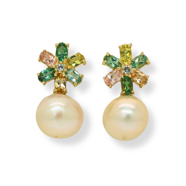 Tourmaline Flower and Pearl Earrings