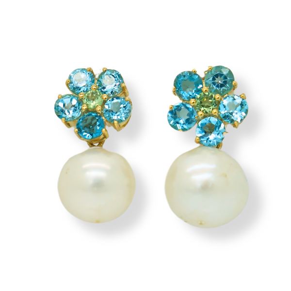 Blue Topaz Flower and Freshwater Pearl Earrings