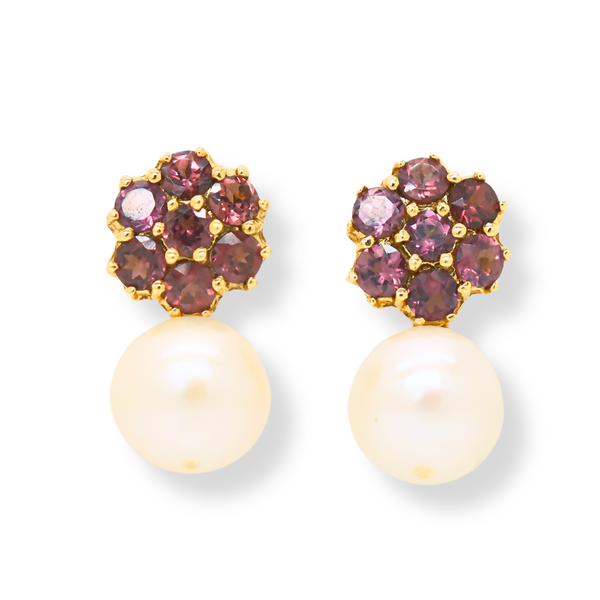 Rhodolite Flower and Freshwater Pearl Earrings