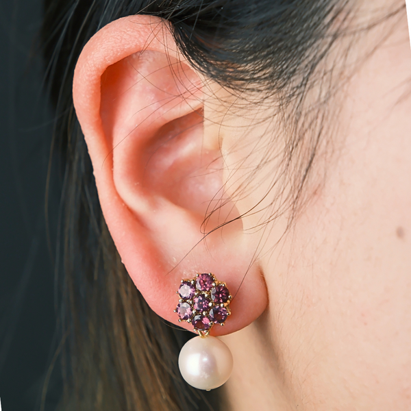 Rhodolite Flower and Freshwater Pearl Earrings