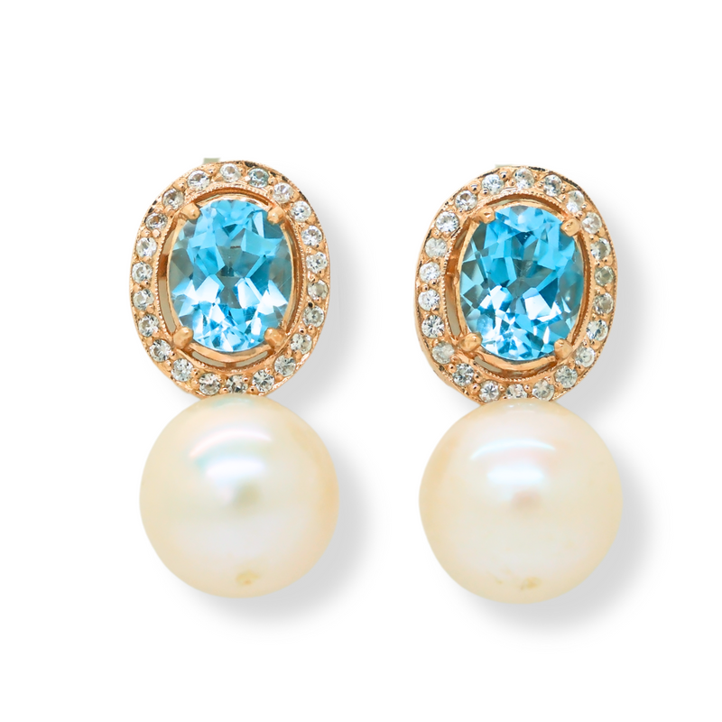 Oval Blue and White Topaz with Freshwater Pearl Earrings