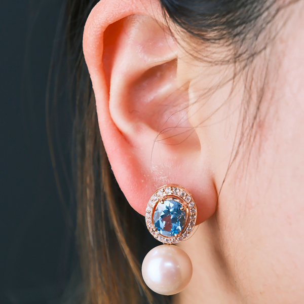 Oval Blue and White Topaz with Freshwater Pearl Earrings