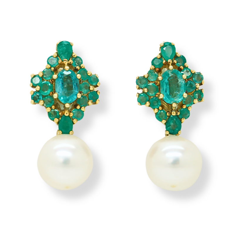 Four Point Emerald and Freshwater Pearl Earrings