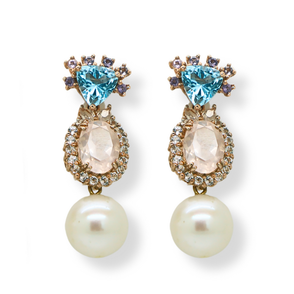 Topaz Rose Quartz and Freshwater Pearl Earrings