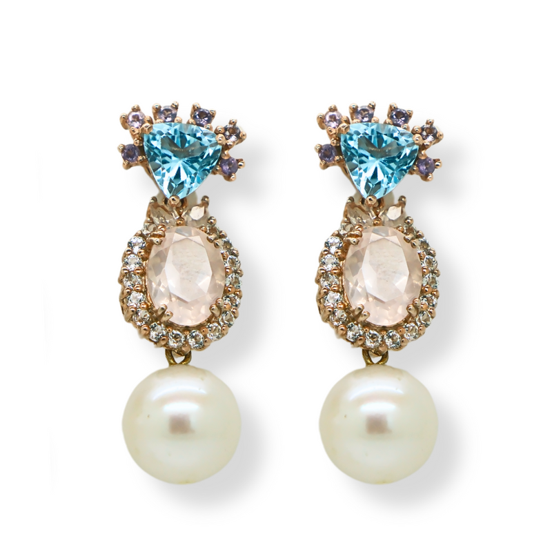 Topaz Rose Quartz and Freshwater Pearl Earrings