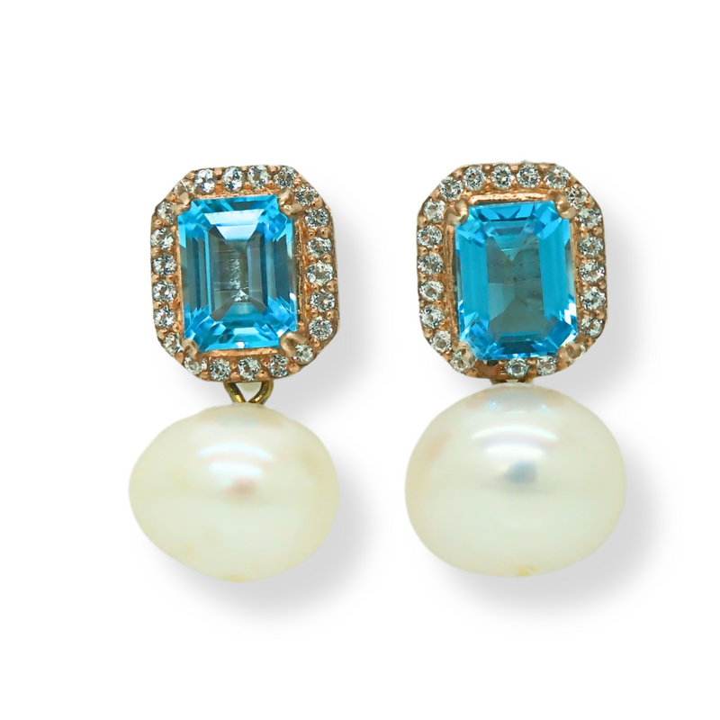 Blue and White Topaz with Freshwater Pearl Earrings