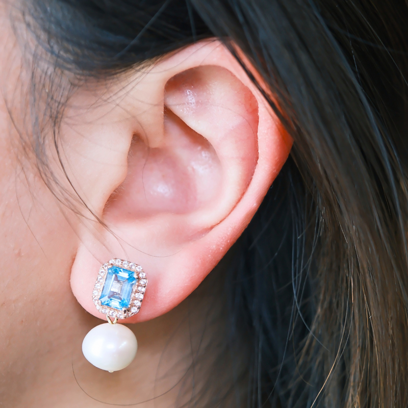 Blue and White Topaz with Freshwater Pearl Earrings