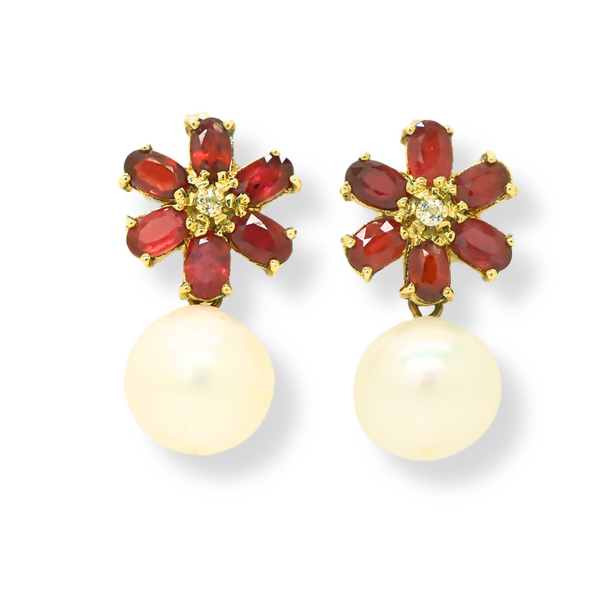 Ruby Flower and Freshwater Pearl Earrings