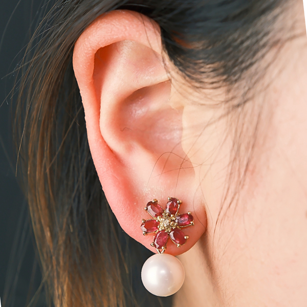 Ruby Flower and Freshwater Pearl Earrings