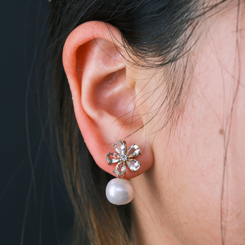 Quartz Flower and Freshwater Pearl Earrings