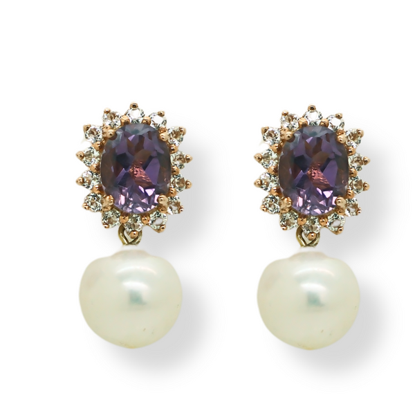 Oval Amethyst Topaz and Freshwater Pearl Earrings