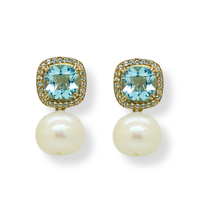 Square Blue and White Topaz with Freshwater Pearl Earrings