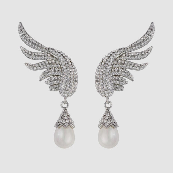 Crystal Wing and Pearl Earrings